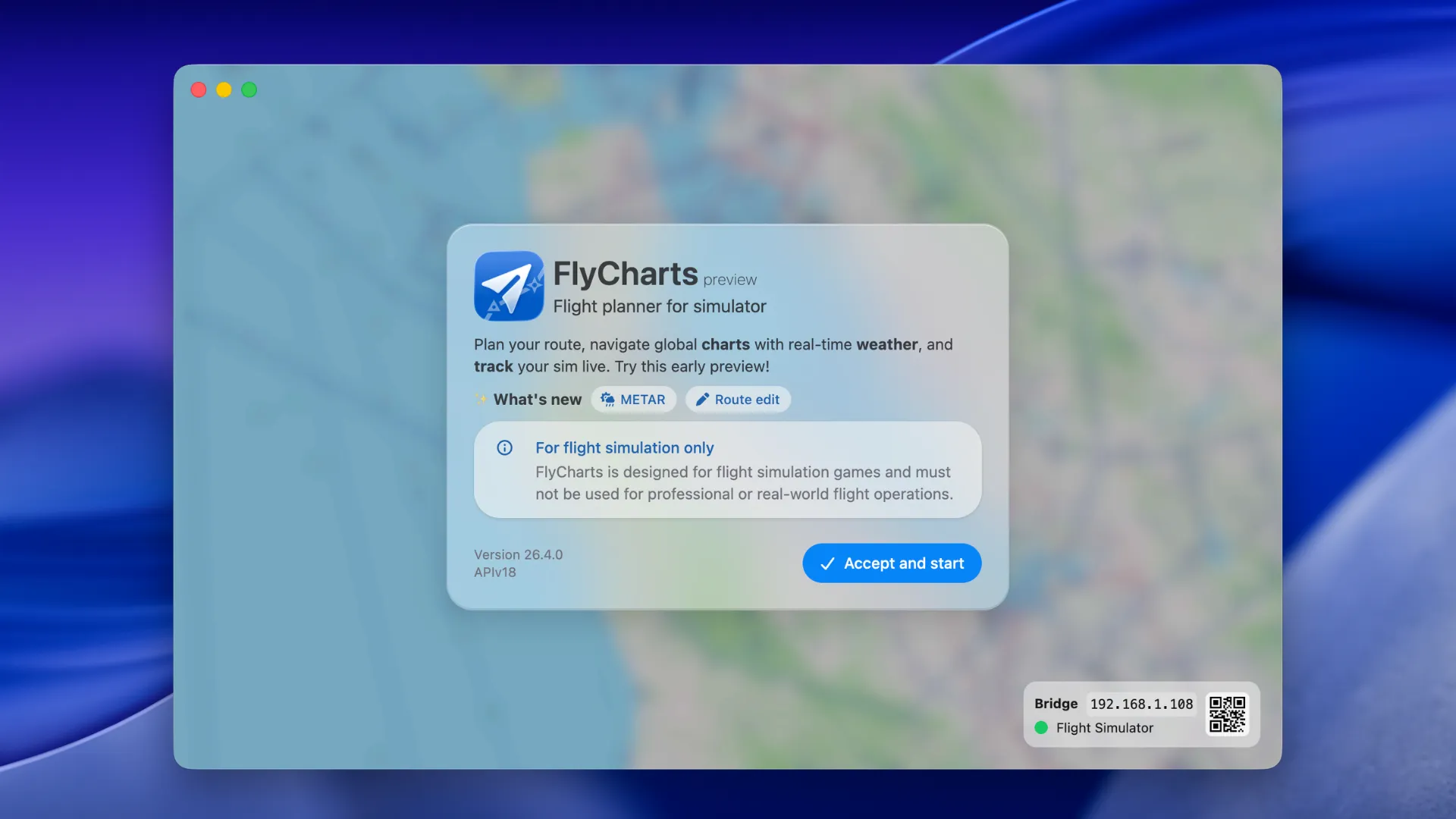 FlyCharts Bridge connected to Microsoft Flight Simulator