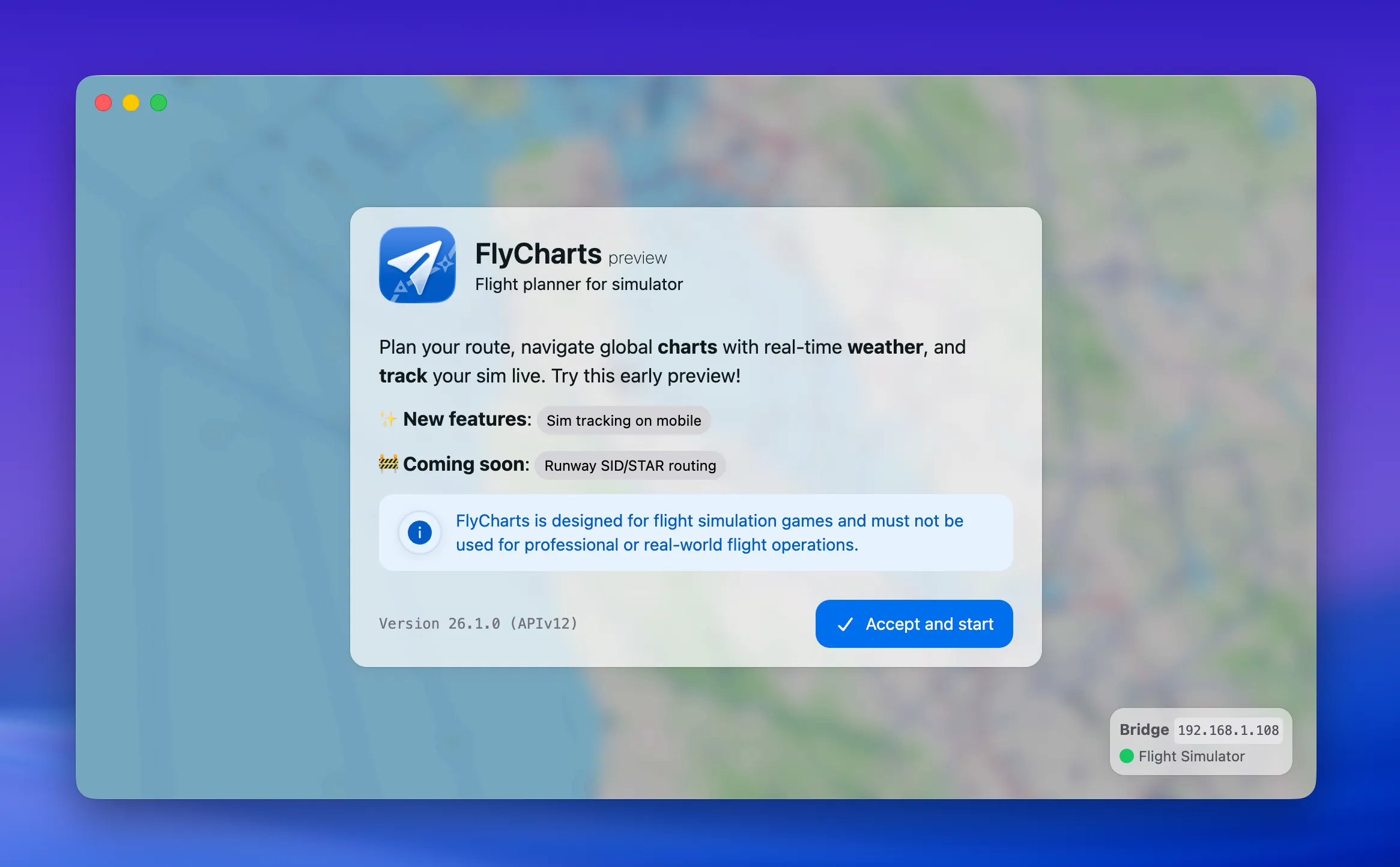 FlyCharts Bridge connected to Microsoft Flight Simulator