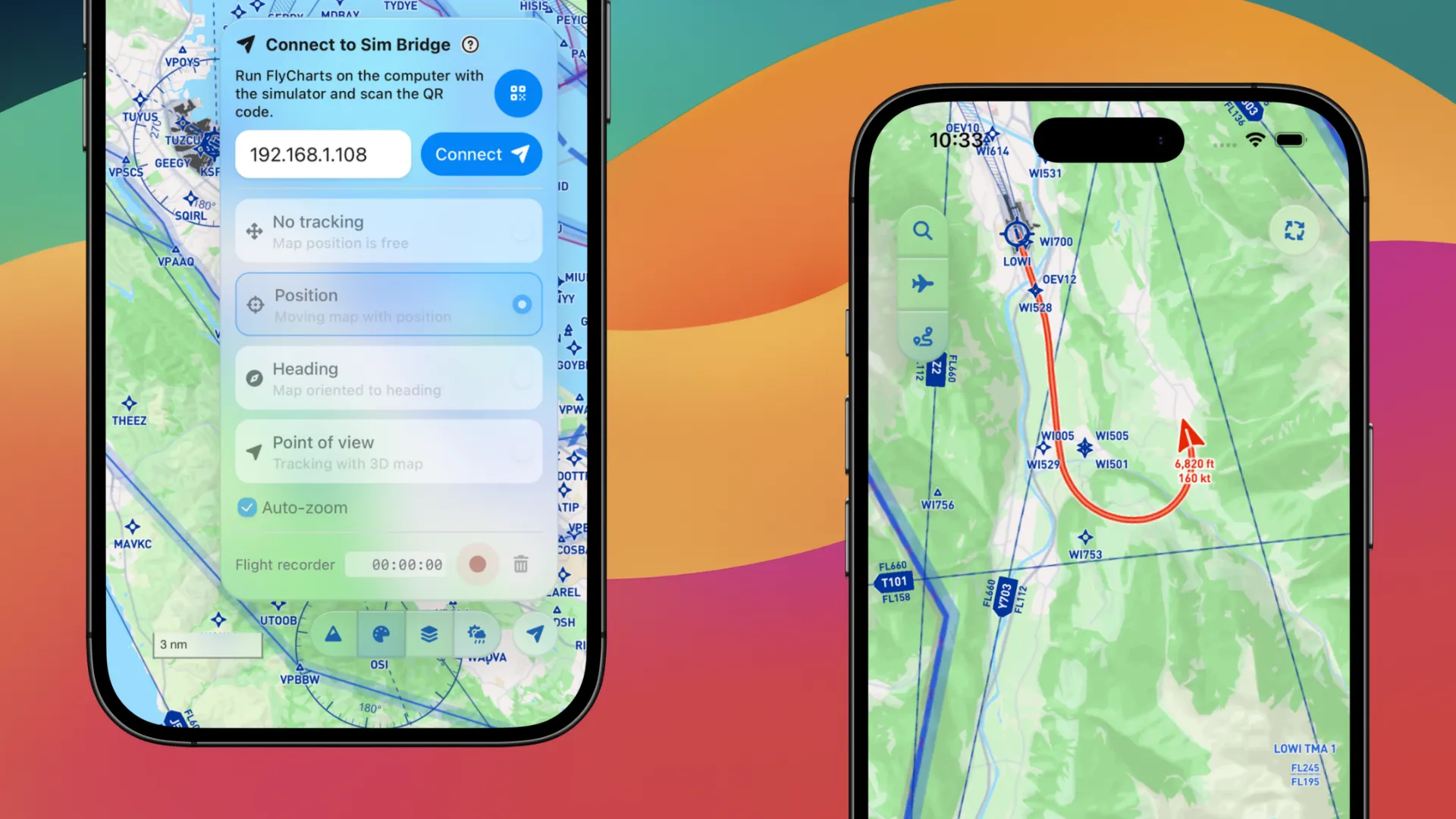 FlyCharts on iPhone connected to the flight simulator through FlyCharts Bridge